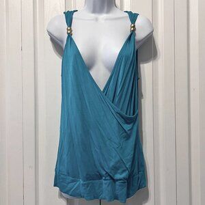 Lascana Aqua Sleeveless Top W/Gold Large Beads-Crossover Front-Loose-Med-Summer